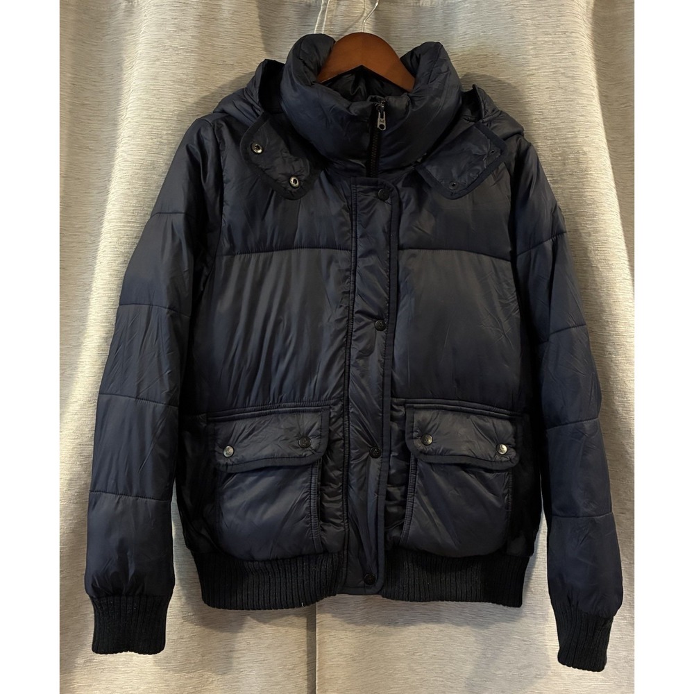Abercrombie & Fitch Men's Navy Puffer Jacket M Hooded Zip Button Water Resistant